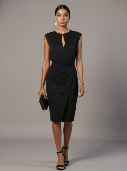 Women's cap sleeve occasion dress with a round neck and back zip in sky blue, white, black, red and green