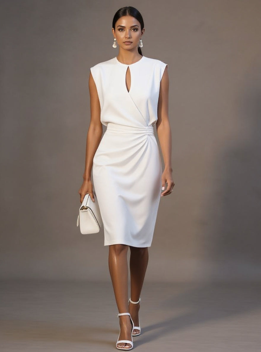 Women's cap sleeve occasion dress with a round neck and back zip in sky blue, white, black, red and green