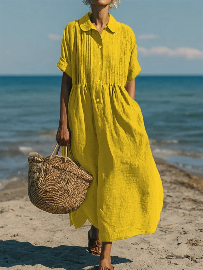 Kessoro women's pleated collared short-sleeve maxi dress in white, light blue, pink and sage green