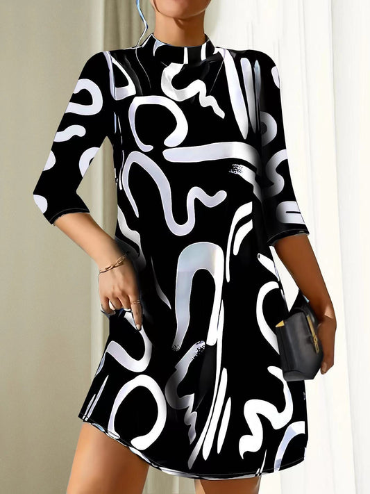 Kessoro women's round neck three-quarter sleeve knee-length dress in black, white and claret