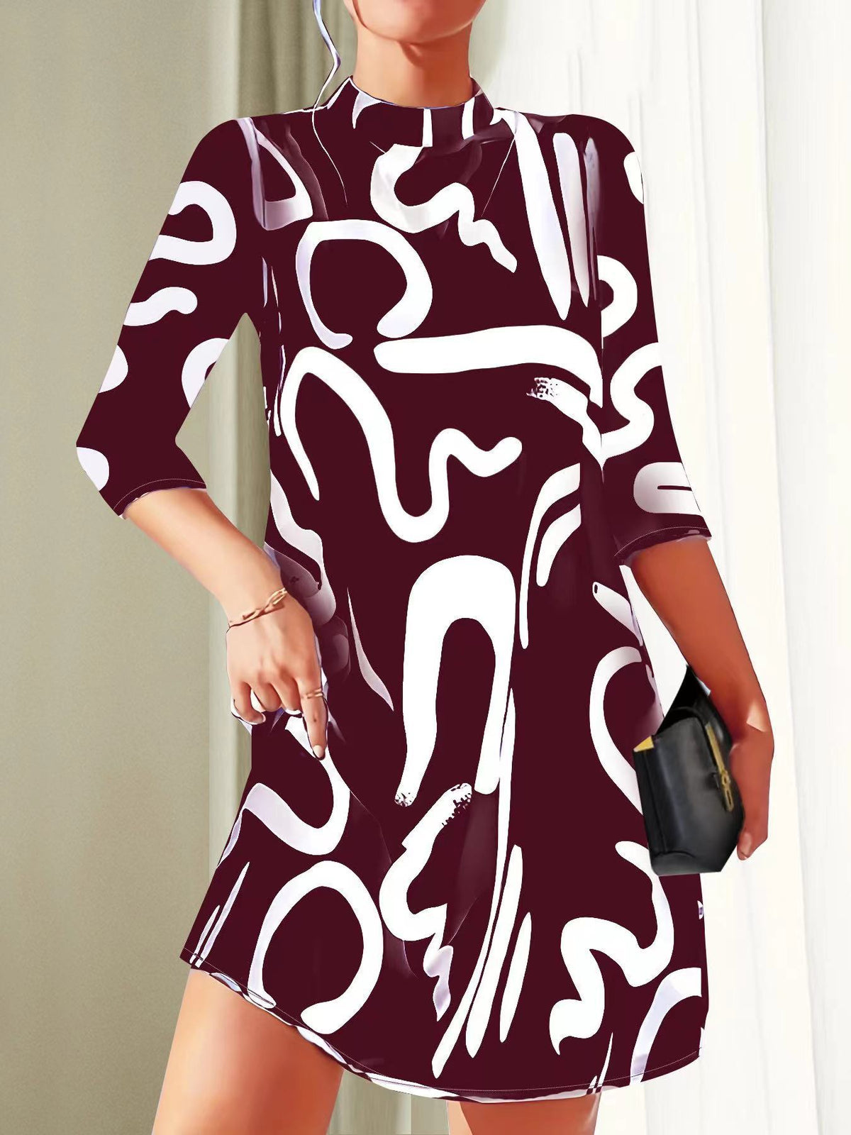 Kessoro women's round neck three-quarter sleeve knee-length dress in black, white and claret