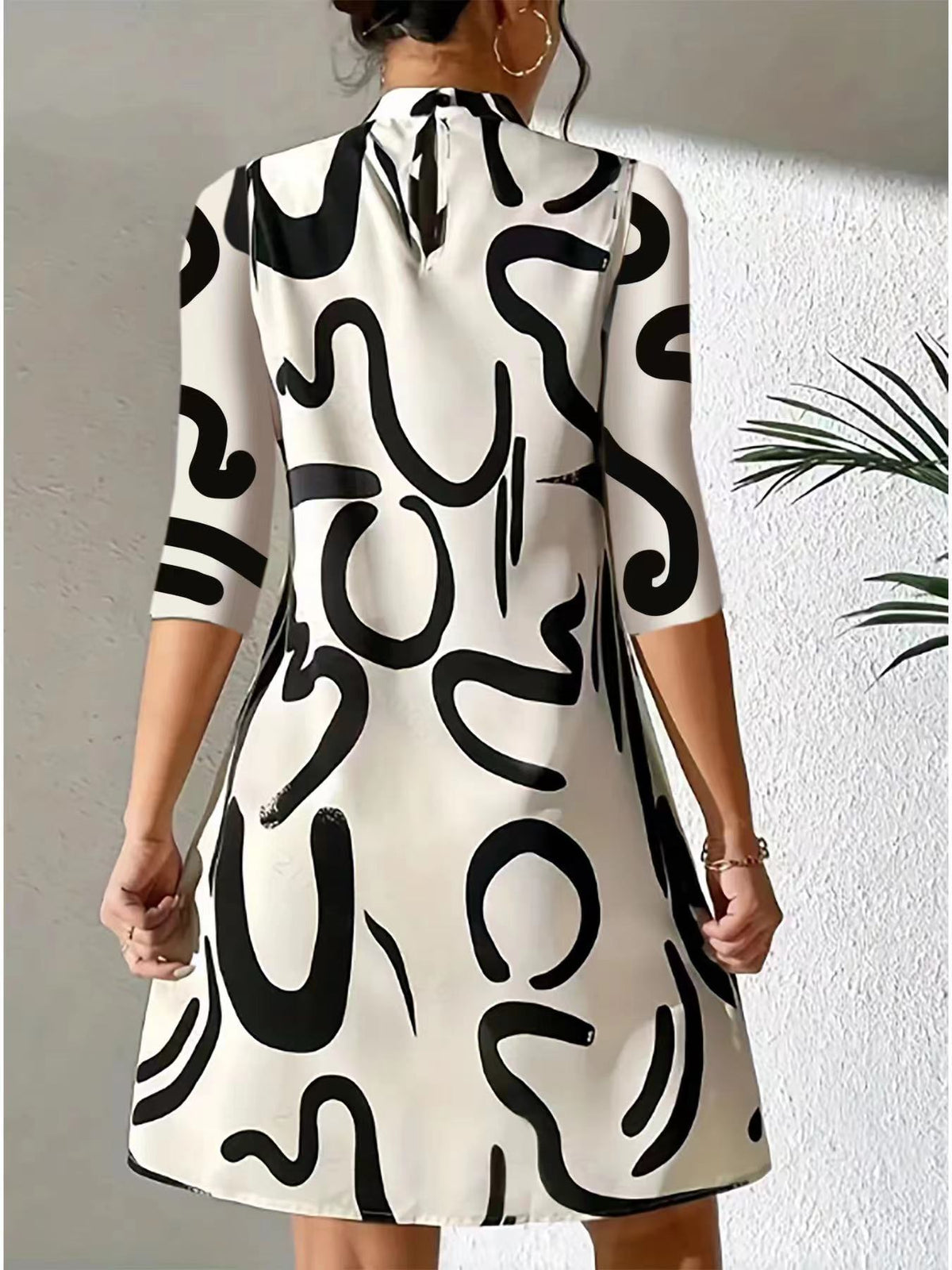 Kessoro women's round neck three-quarter sleeve knee-length dress in black, white and claret