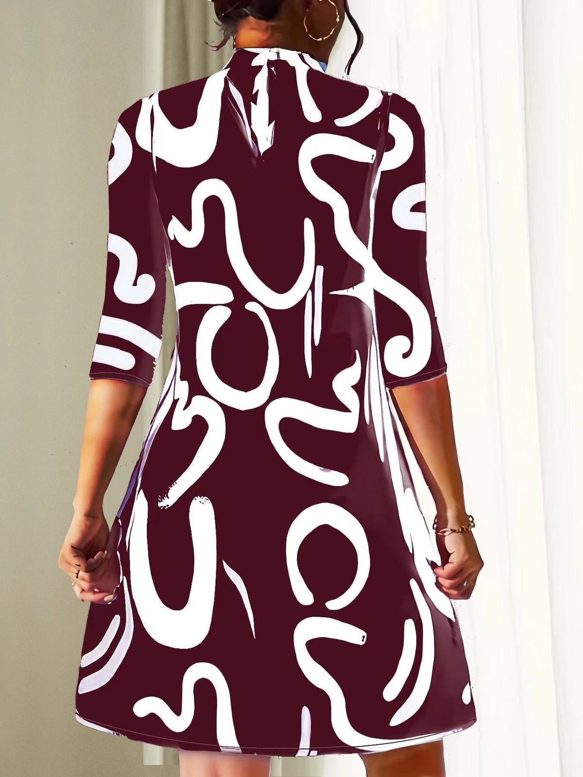 Kessoro women's round neck three-quarter sleeve knee-length dress in black, white and claret