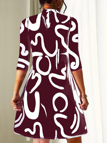 Kessoro women's round neck three-quarter sleeve knee-length dress in black, white and claret