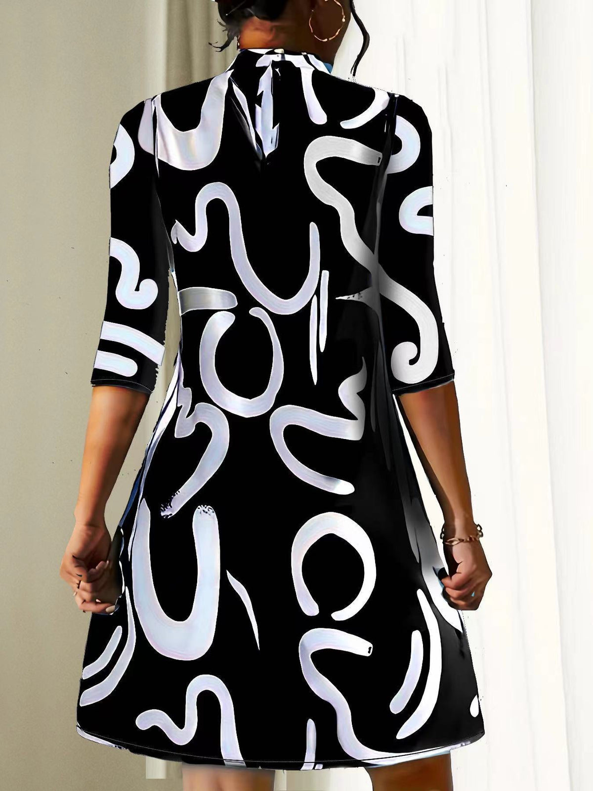 Kessoro women's round neck three-quarter sleeve knee-length dress in black, white and claret