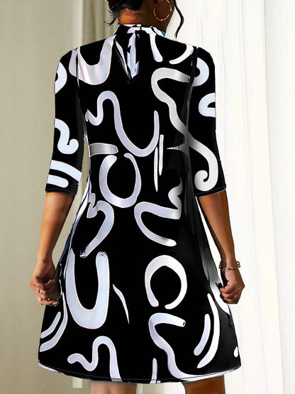 Kessoro women's round neck three-quarter sleeve knee-length dress in black, white and claret