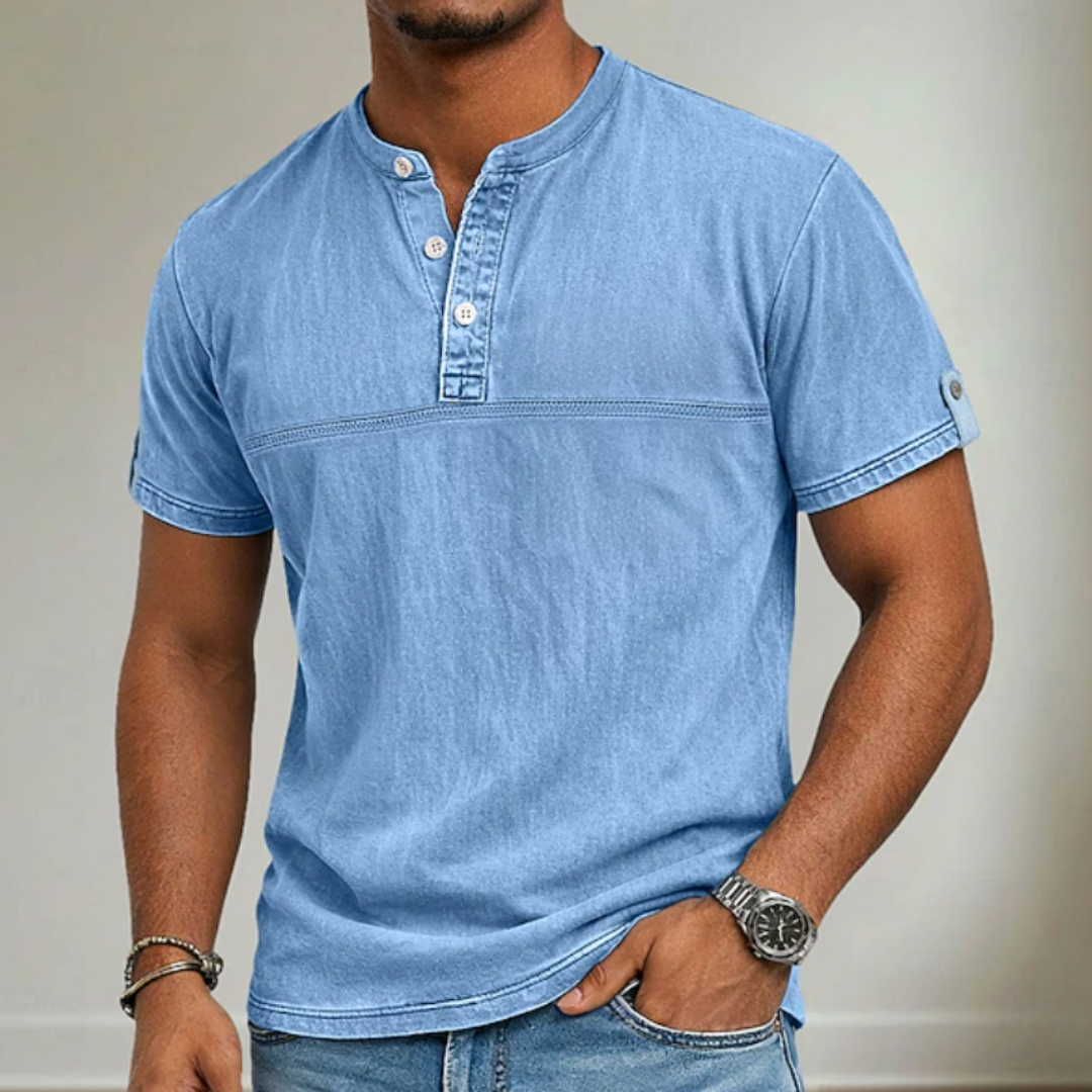 Men's stand collar short sleeve casual shirt in solid neutral and blue tones