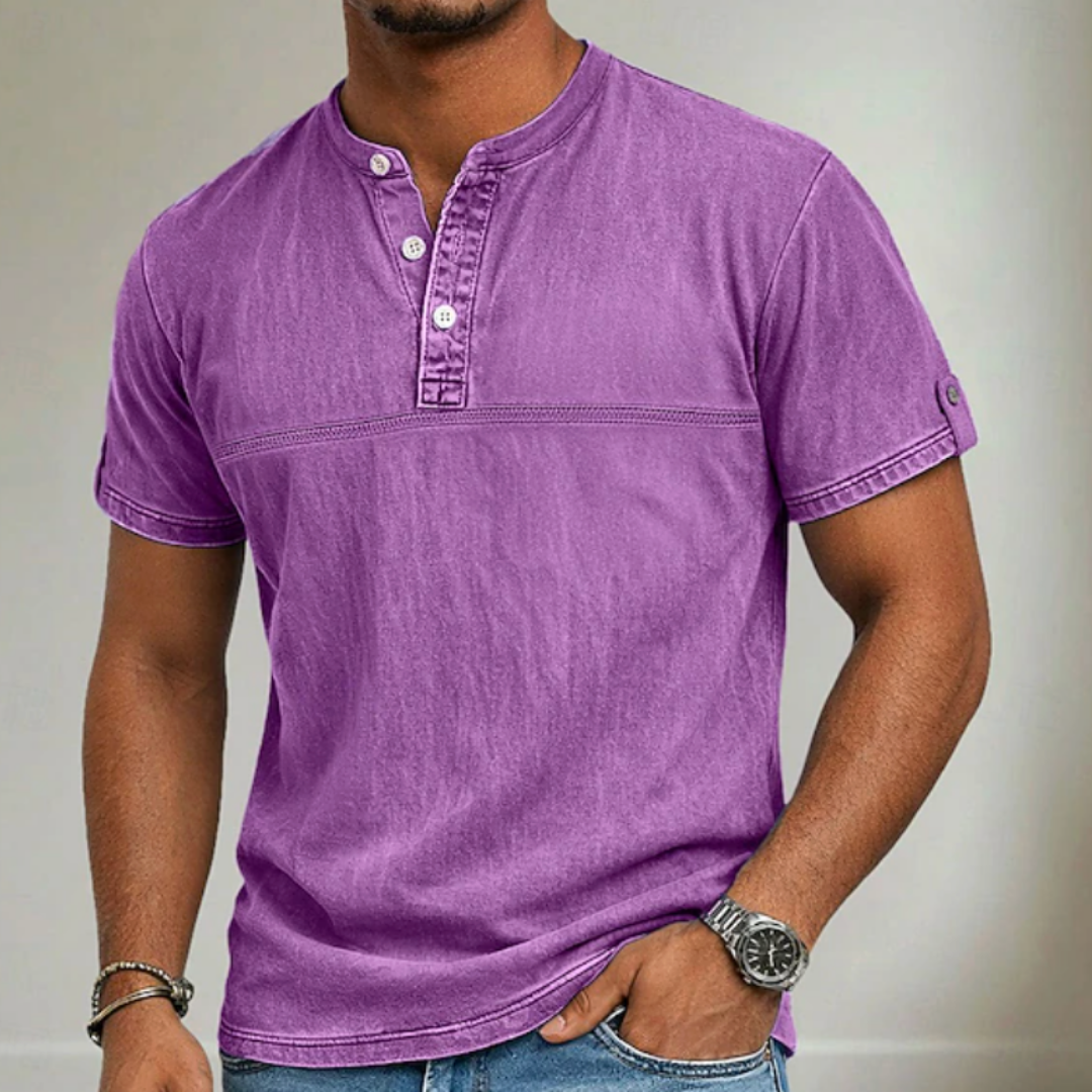 Men's stand collar short sleeve casual shirt in solid neutral and blue tones