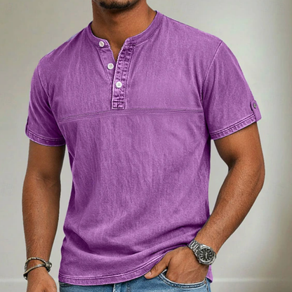 Men's stand collar short sleeve casual shirt in solid neutral and blue tones