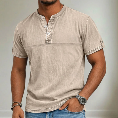 Men's stand collar short sleeve casual shirt in solid neutral and blue tones