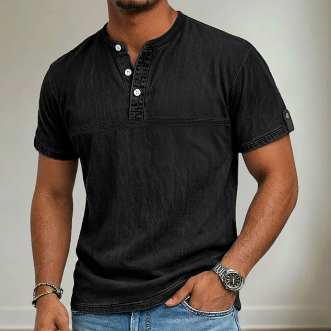 Men's stand collar short sleeve casual shirt in solid neutral and blue tones
