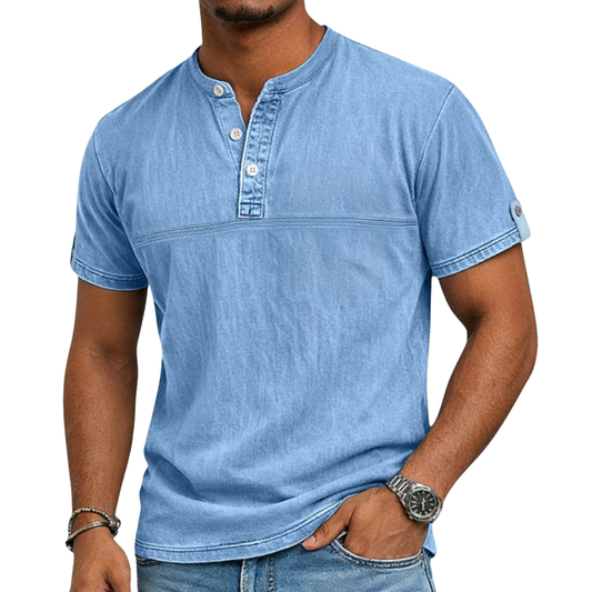 Men's stand collar short sleeve casual shirt in solid neutral and blue tones