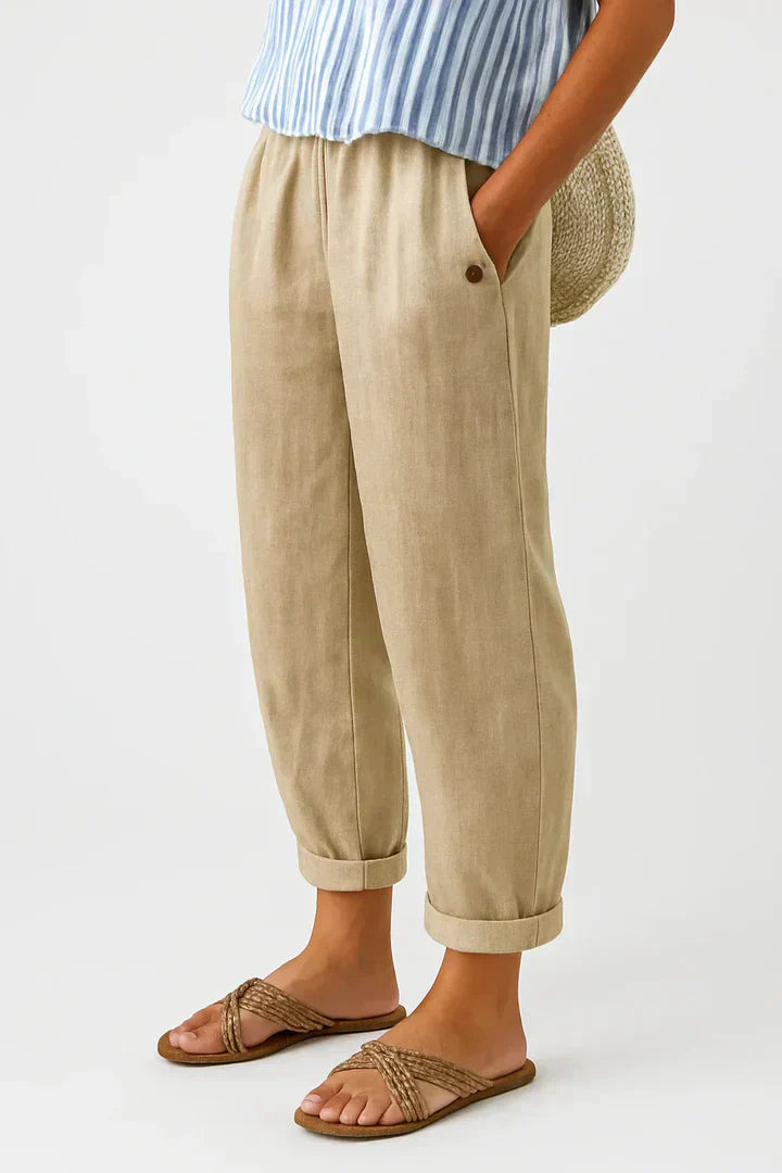 Kessoro women's straight-leg elastic waist cotton trousers in neutral and blue colourways