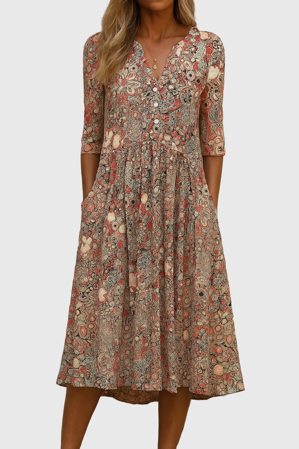 Women's graceful V-neck draped midi dress in beige, blue or pink