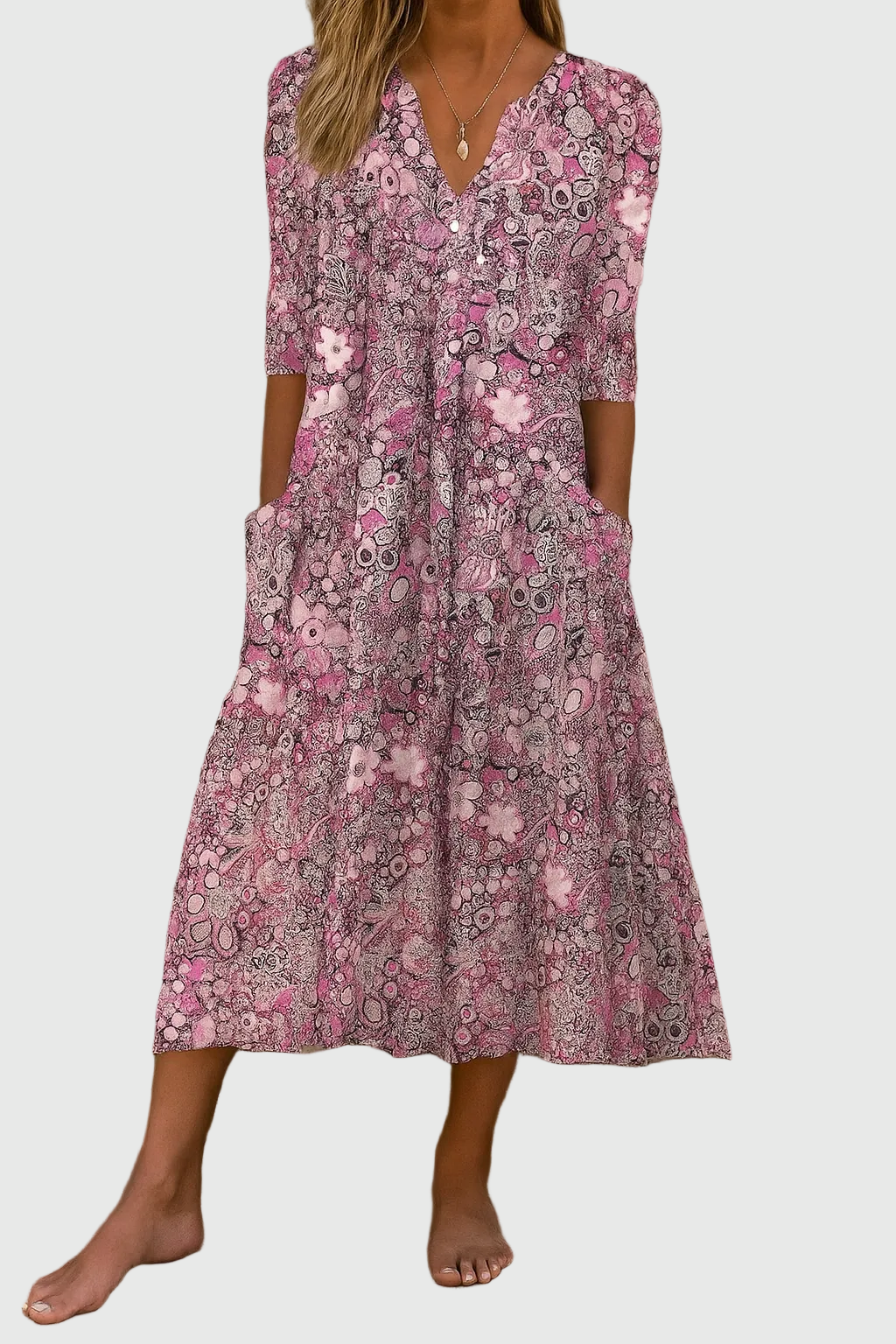 Women's graceful V-neck draped midi dress in beige, blue or pink