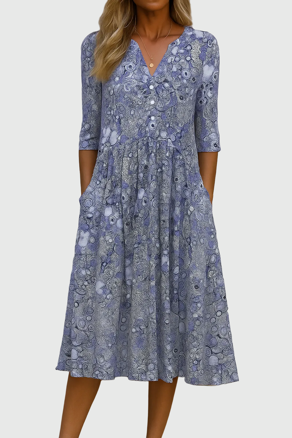 Women's graceful V-neck draped midi dress in beige, blue or pink
