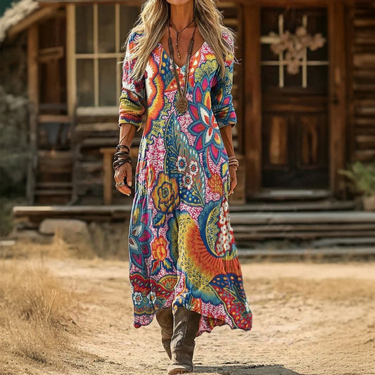 Kessoro women's multicolor vintage print long sleeve V-neck dress for women