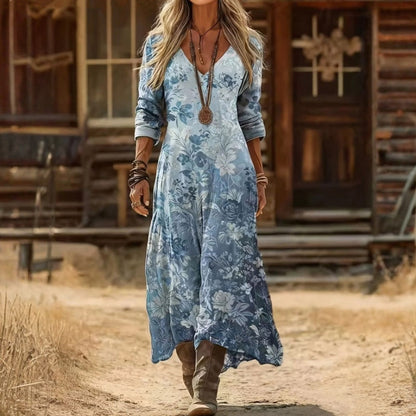 Kessoro women's blue vintage floral print long sleeve V-neck dress for women