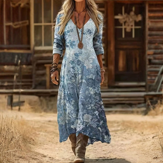 Kessoro women's blue vintage floral print long sleeve V-neck dress for women