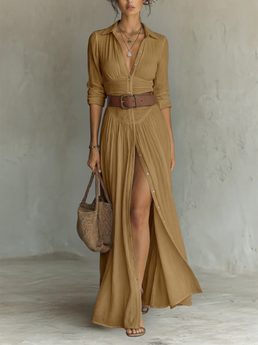 Kessoro women's long sleeve collared pleated maxi dress in neutral colourways
