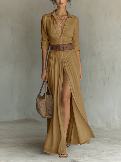 Kessoro women's long sleeve collared pleated maxi dress in neutral colourways