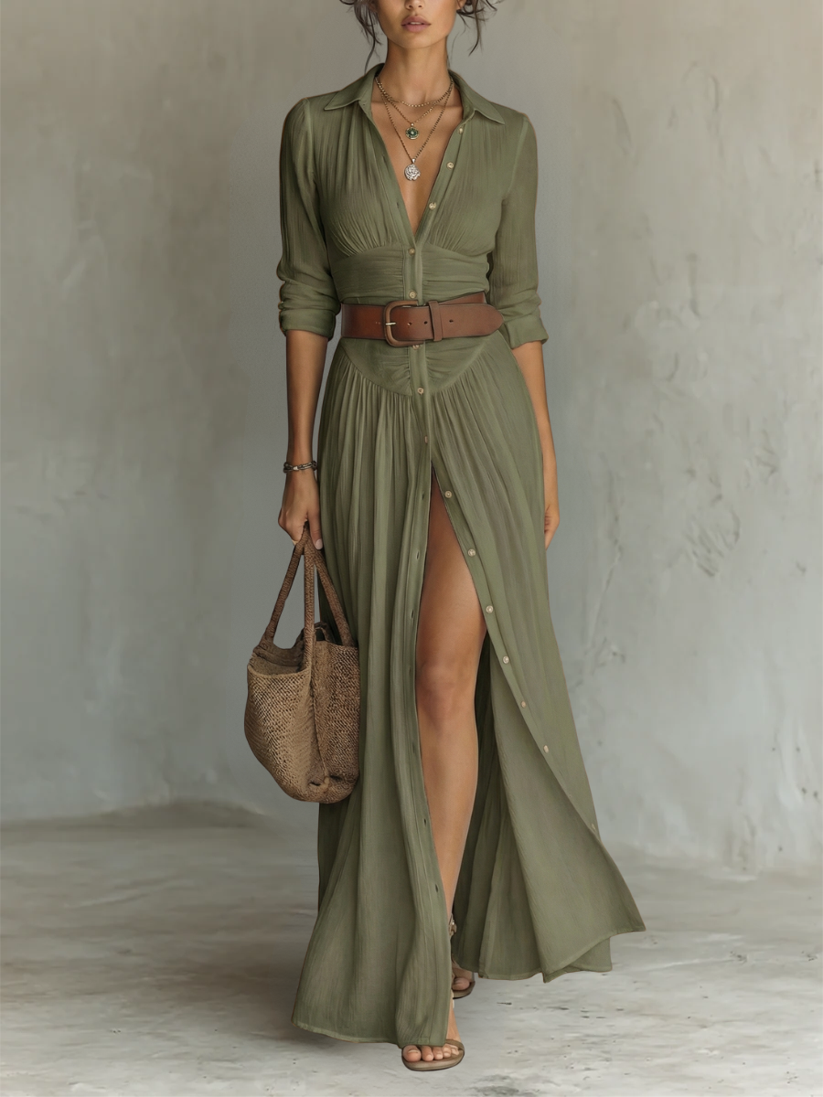 Kessoro women's long sleeve collared pleated maxi dress in neutral colourways