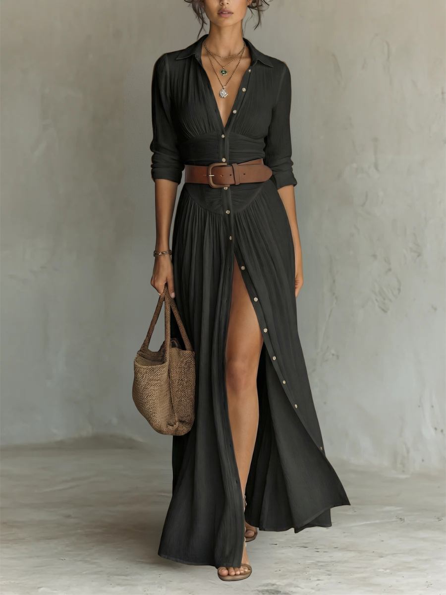 Kessoro women's long sleeve collared pleated maxi dress in neutral colourways