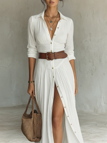 Kessoro women's long sleeve collared pleated maxi dress in neutral colourways