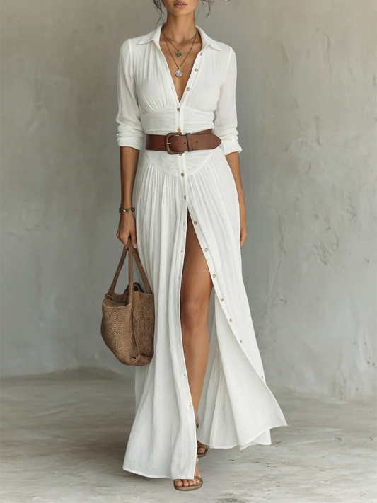 Kessoro women's long sleeve collared pleated maxi dress in neutral colourways