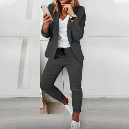 Kessoro Women's Open-Front Blazer and Drawstring Pants Set in lavender, black, beige and other colourways — back view