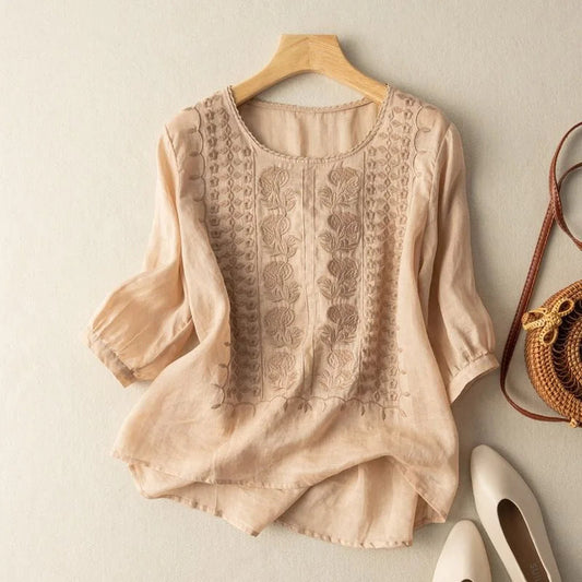 Kessoro Women's Floral Embroidered Lightweight Summer Blouse in apricot, lemon, white and lavender — front view