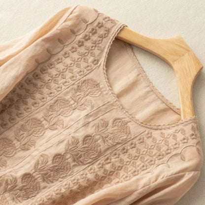 Kessoro Women's Floral Embroidered Lightweight Summer Blouse in apricot, lemon, white and lavender — styled on model