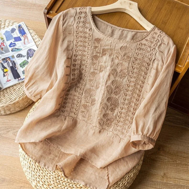 Kessoro Women's Floral Embroidered Lightweight Summer Blouse in apricot, lemon, white and lavender — side view