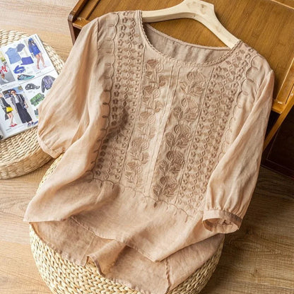 Kessoro Women's Floral Embroidered Lightweight Summer Blouse in apricot, lemon, white and lavender — side view