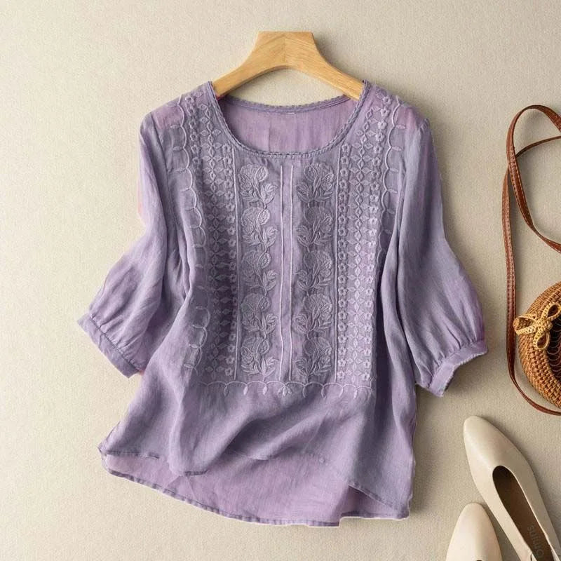 Kessoro Women's Floral Embroidered Lightweight Summer Blouse in apricot, lemon, white and lavender — close-up of the collar and trim