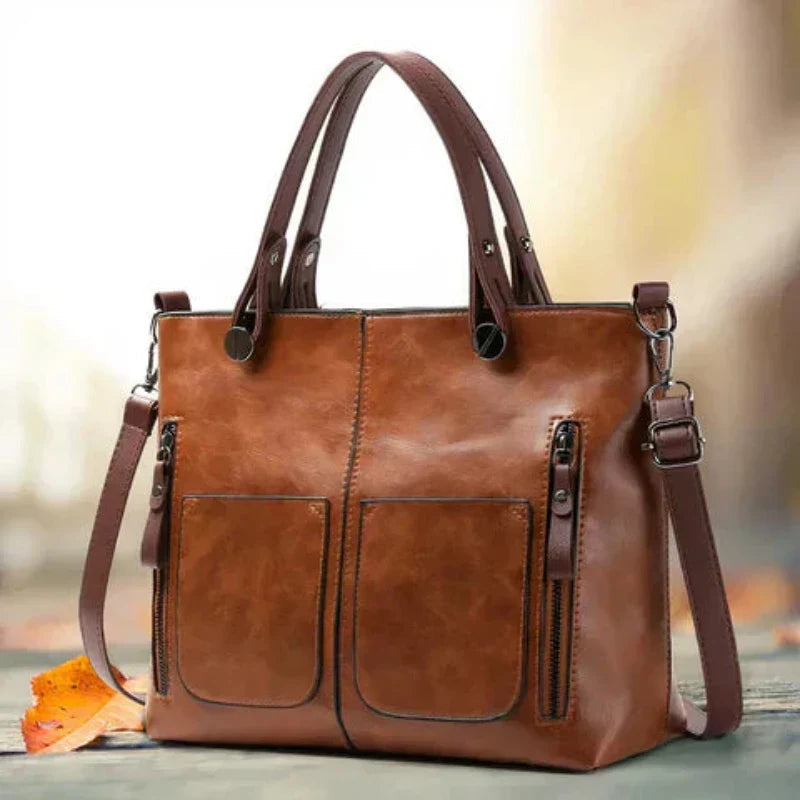 Kessoro women's classic exterior pocket satchel handbag in brown, black and gray