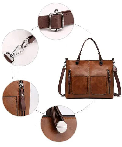 Kessoro women's classic exterior pocket satchel handbag in brown, black and gray