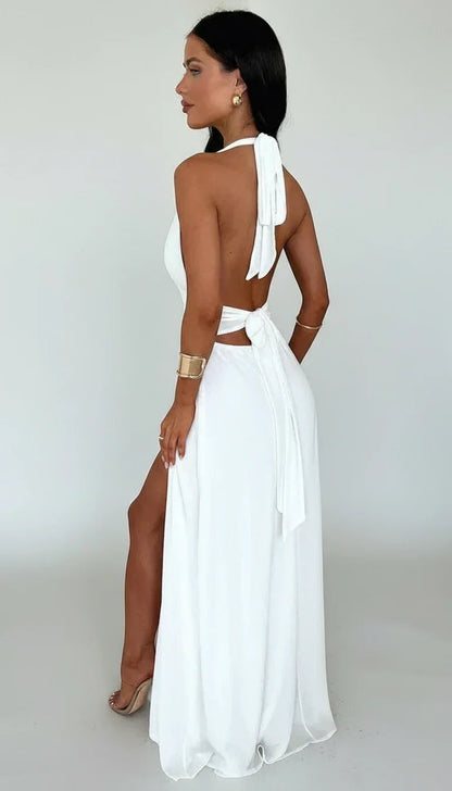 Kessoro women's halter neck flowing maxi dress in white, black, pink and blue