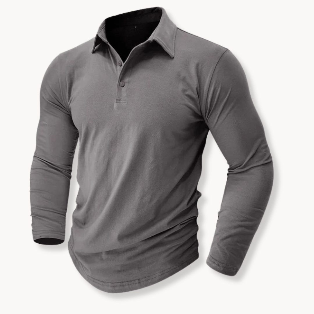 Kessoro men's long-sleeve collared stretch polo in blue, black, brown, grey and green