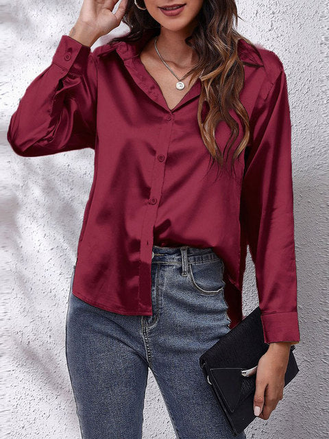 Women's elegant collared long-sleeve blouse in a solid seasonal colourway