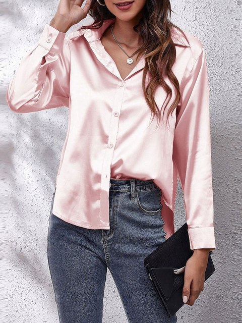 Women's elegant collared long-sleeve blouse in a solid seasonal colourway
