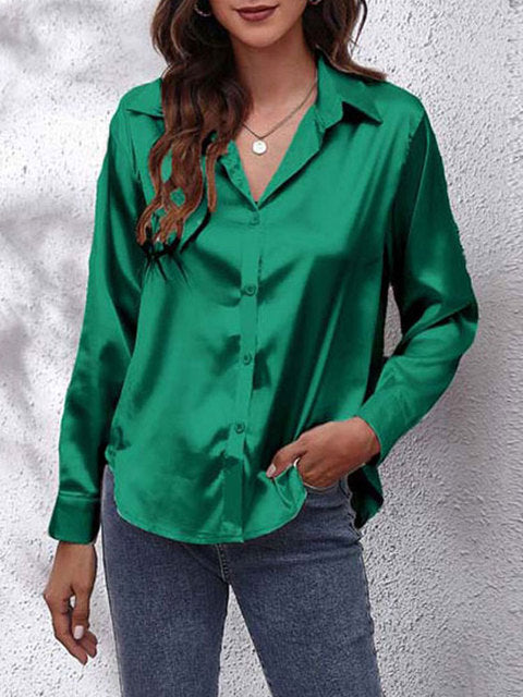 Women's elegant collared long-sleeve blouse in a solid seasonal colourway