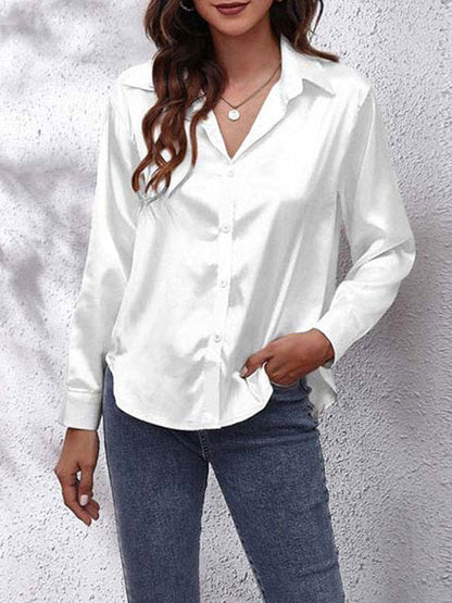 Women's elegant collared long-sleeve blouse in a solid seasonal colourway