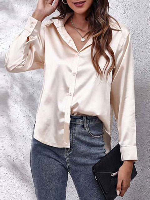 Women's elegant collared long-sleeve blouse in a solid seasonal colourway