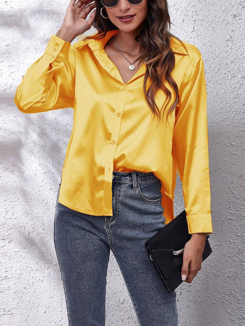 Women's elegant collared long-sleeve blouse in a solid seasonal colourway