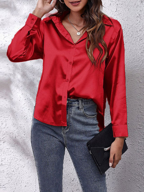 Women's elegant collared long-sleeve blouse in a solid seasonal colourway