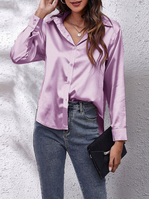 Women's elegant collared long-sleeve blouse in a solid seasonal colourway