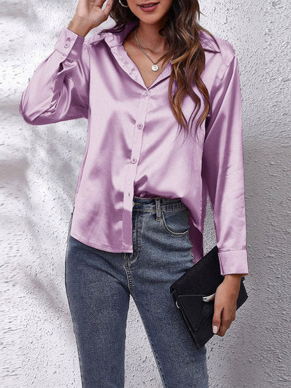 Women's elegant collared long-sleeve blouse in a solid seasonal colourway
