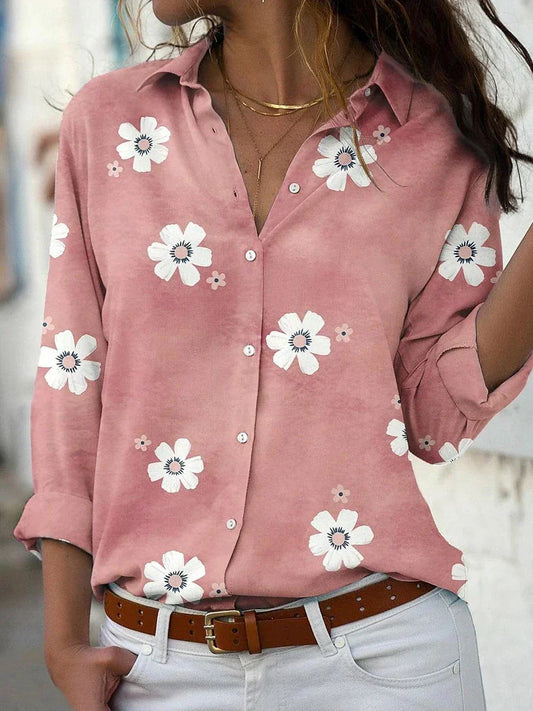 Kessoro Women's Floral Print Collared Button-Front Blouse in pink, gray, blue and green — front view