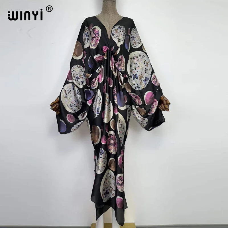Women's printed V-neck long beach kimono robe, full length
